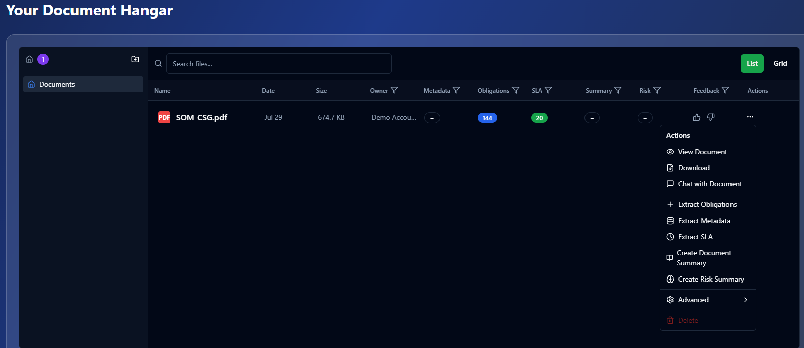 Actions menu showing Extract Obligations